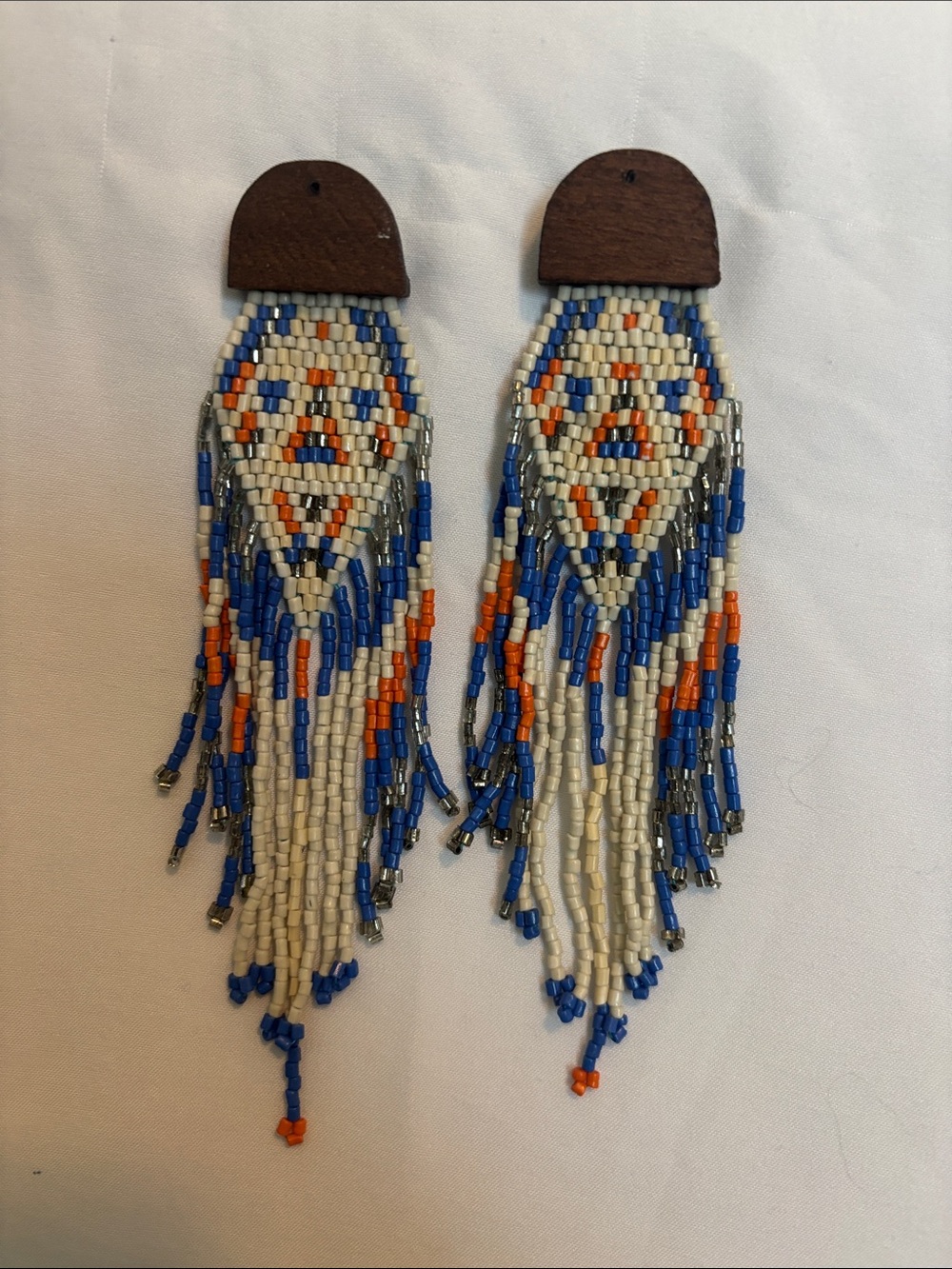 Handcrafted Beaded Fringe Earrings in Blue, White & Orange
